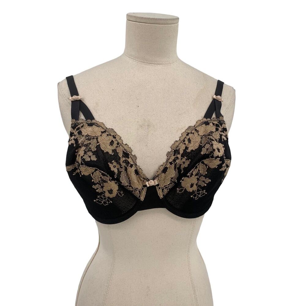 Wacoal Opulence Bra Black Gold Lace Floral Size 34DD